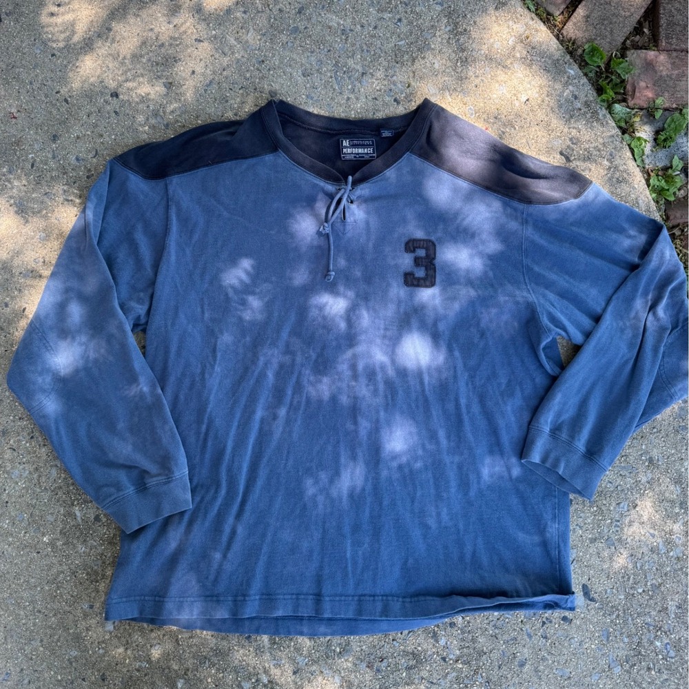 American Eagle Performance Mens XXL Blue Lace Up V-Neck Y2K Long Sleeve Shirt 3